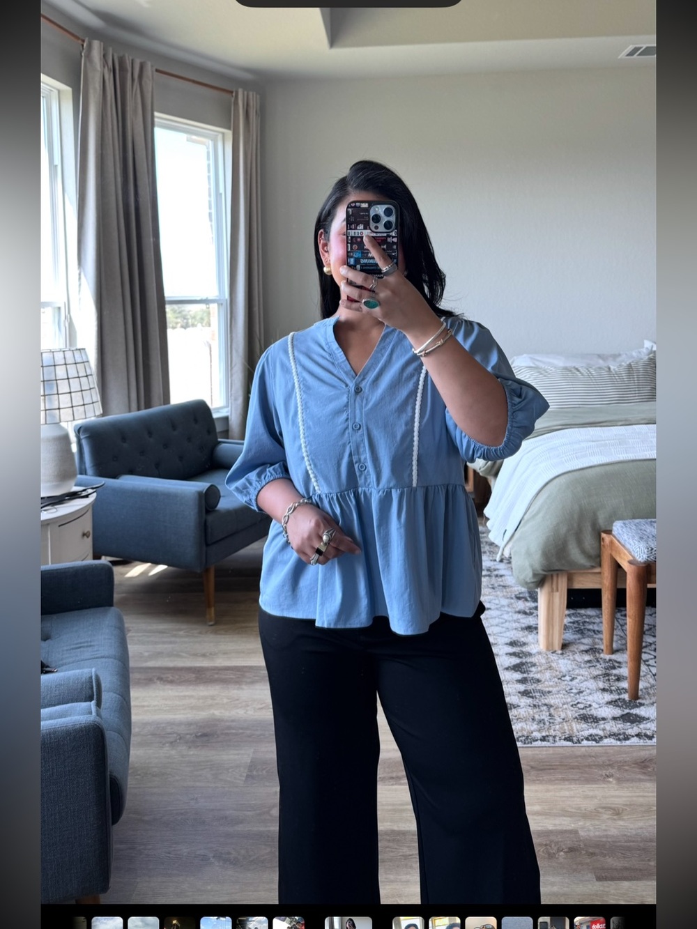 Womens V Neck Puff Sleeve Peplum Babydoll Loose Blouse (L) Blue